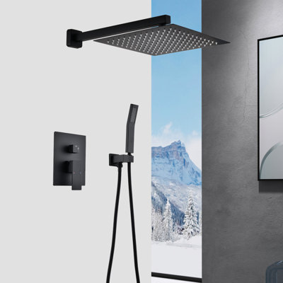 12" Rain Shower Head System Wall Mounted In Matte Black - Self-Cleaning Nozzle For Natural Experience, Compatible With All Standard Arms, American Pipe Connections Appealing Bath Fits Corresponds To