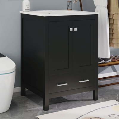 Meuble-lavabo 24 po avec lavabo, ensemble de meuble-lavabo simple autoportant avec un tiroir et une tablette de rangement, armoire de rangement en bois