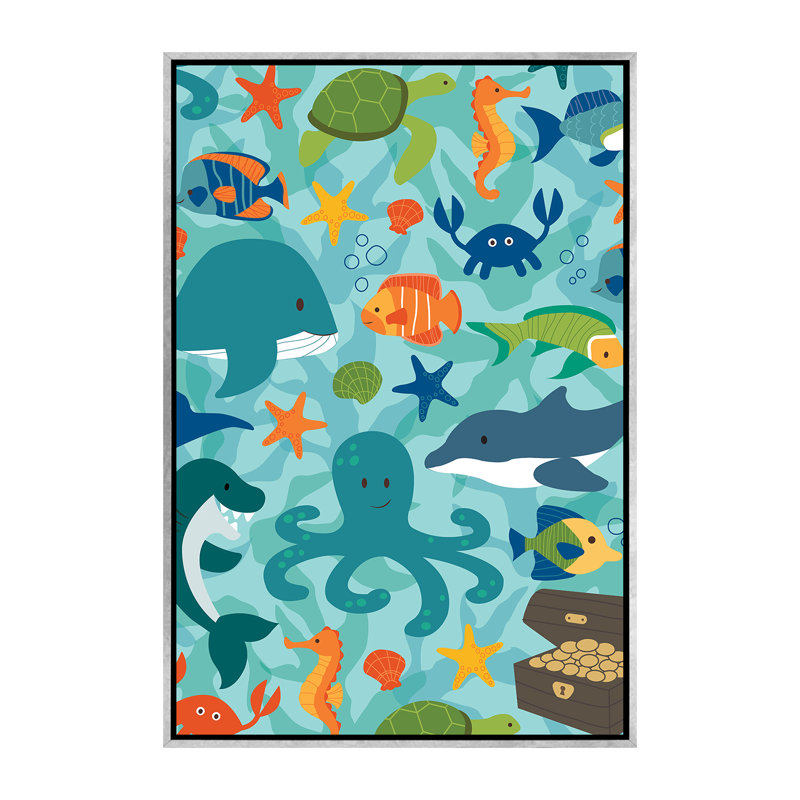 «Sea Creatures» par Dana Saulnier - impression d'art graphique, H 60 po x l 40po x P 1,5 po, Toile avec cadre argenté