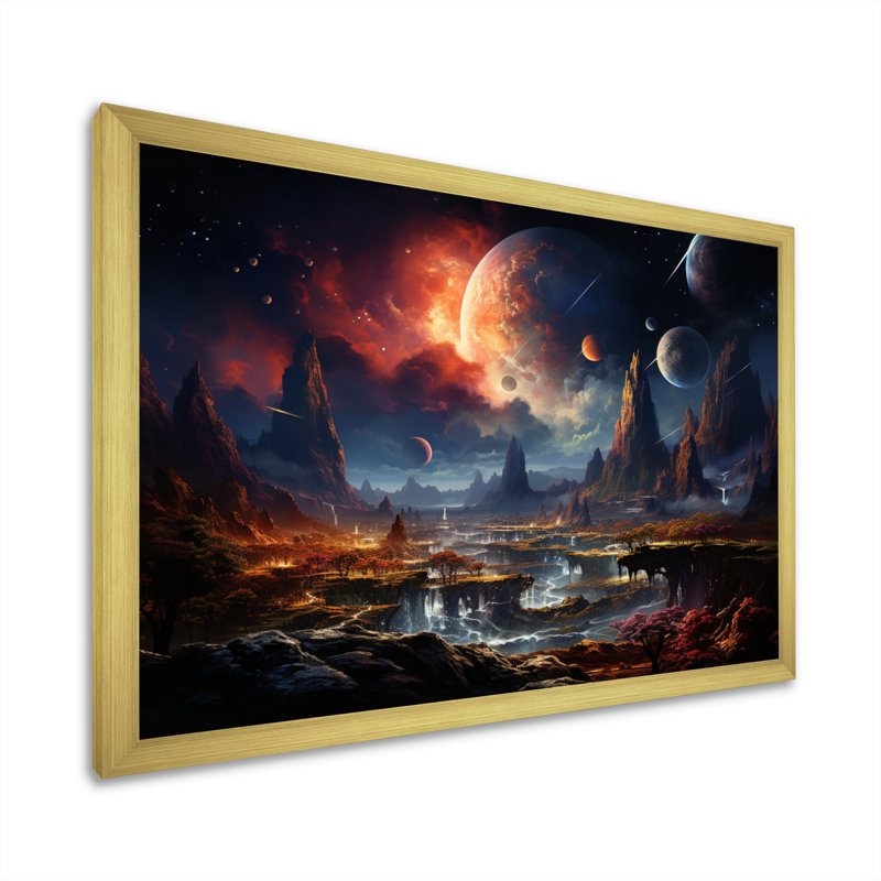 Impression sur toile orange orange et astronomique de l'espace, H 30 po x l 40 po x P 1,5 po, Encadrement doré