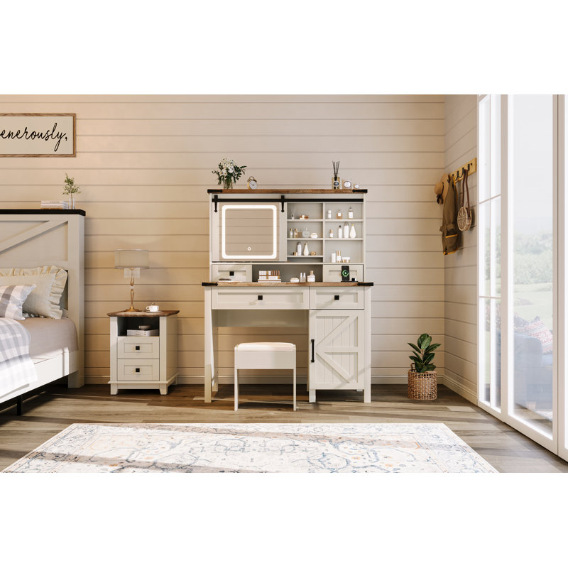 Bureau de coiffeuse avec miroir coulissant Farmhouse, Blanc