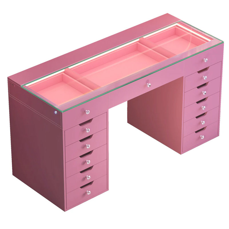 Bureau de meuble-lavabo Mak dégagé avec plateau en verre et bandes lumineuses à DEL intégrées à 13 grands tiroirs , Rose