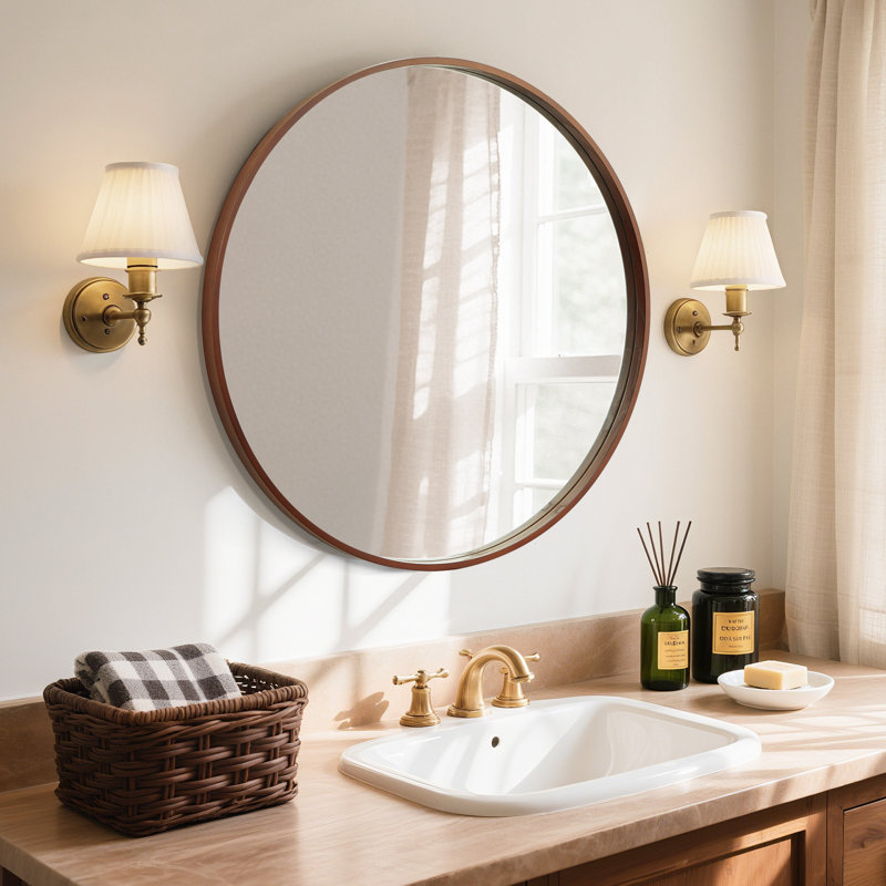 Karrina Accent Wood Round Mirror, 28" x 28", Walnut