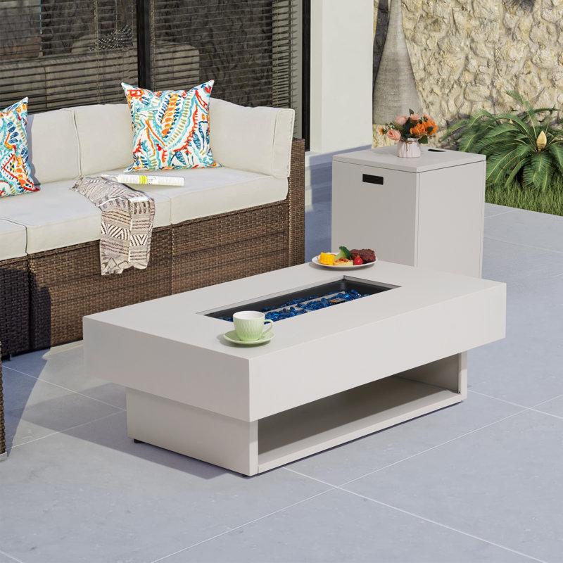 Table de foyer d'extérieur rectangulaire en acier avec réservoir de carburant caché, Beige