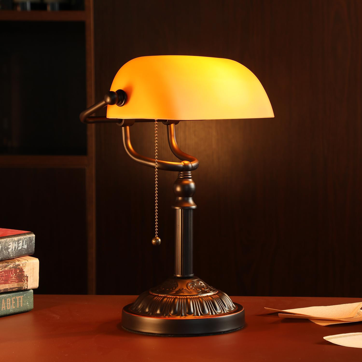 Canora Grey Bankers Desk Lamp With Pull Chain Switch, Amber Glass Shade Desk  Lamps, Bronze Base, E26 Base, Vintage Library Lamp For Office, Study Room |  Wayfair, image size:1500x1500