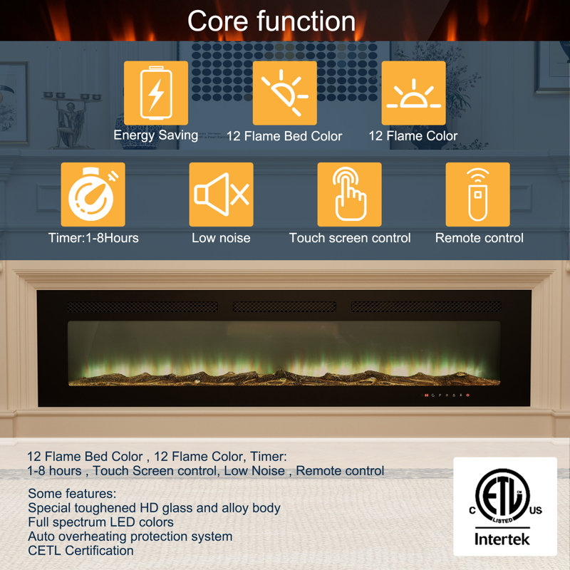 Rayva Classic Built-in or Wall-Mounted Direct Vent Electric Fireplace Insert, 17" H x 72" W x  4.1"D