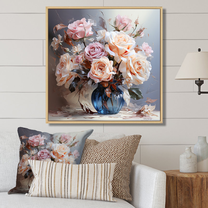 Magnifique bouquet de roses sur toile, Cadre naturel flottant, H 24 po x l 24 po x P 1 po