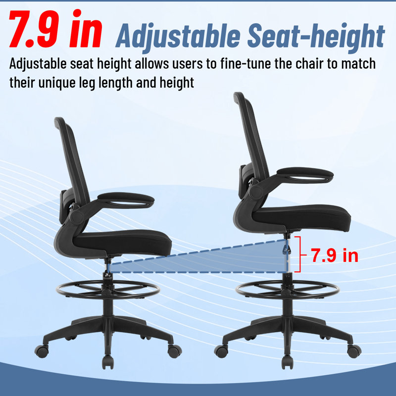 Chaise de dessinateur Chaise de bureau ergonomique haute à hauteur réglable avec support en bois et dossier de travail à dossier moyen avec accoudoirs rabattables