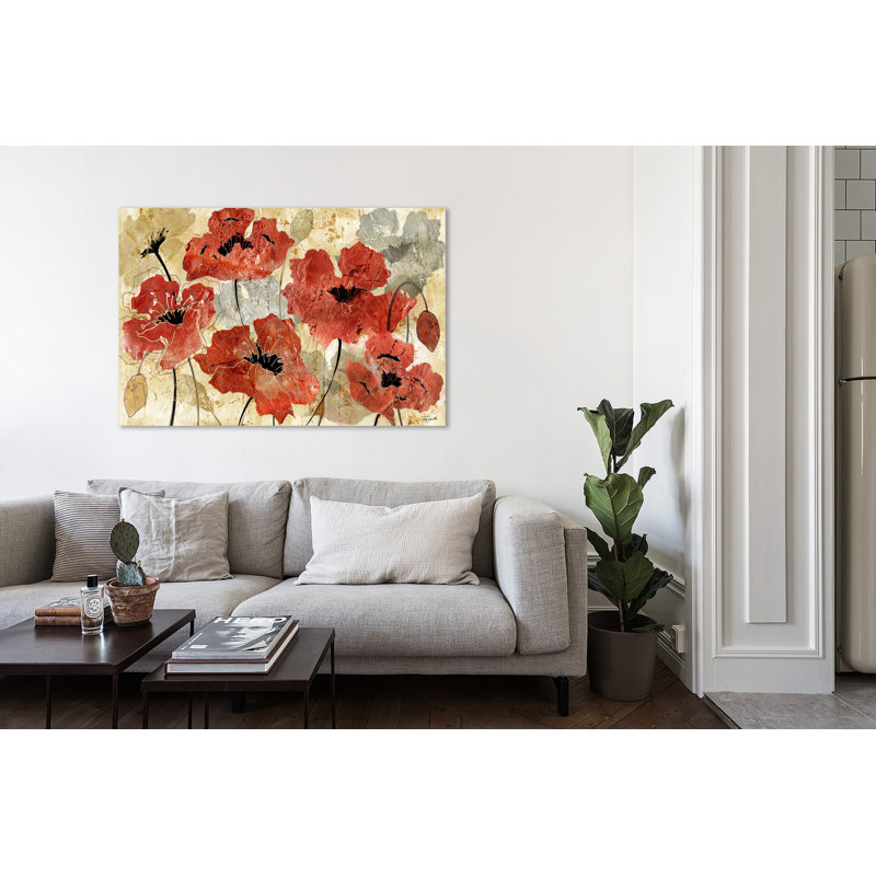 «Silver and Red Poppies», reproduction de peinture acrylique sur toile tendue, 20 po x 30 p