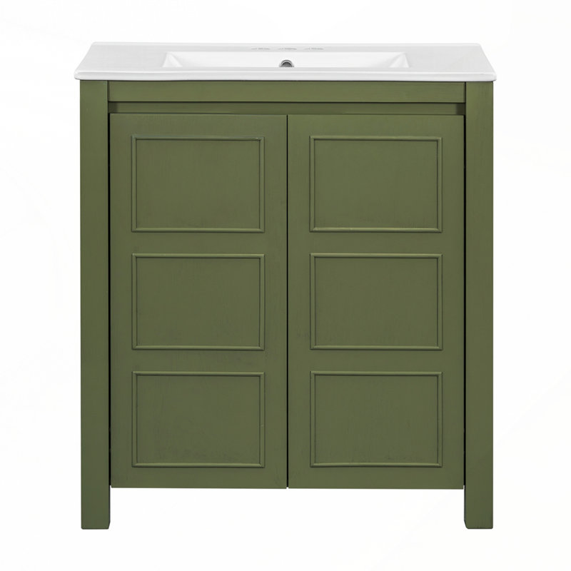 Meuble-lavabo de salle de bain avec lavabo en céramique et design rustique pour petits espaces, Vert olive