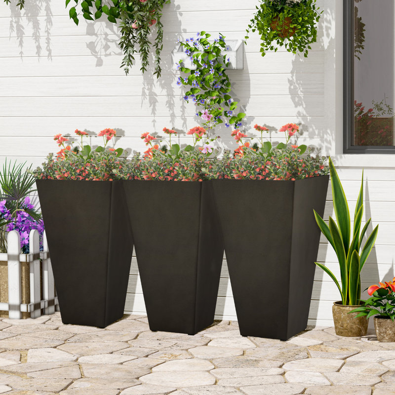 28" Tall Plastic Planters, Set of 3 Garden Flower Pots, Brown, Brown