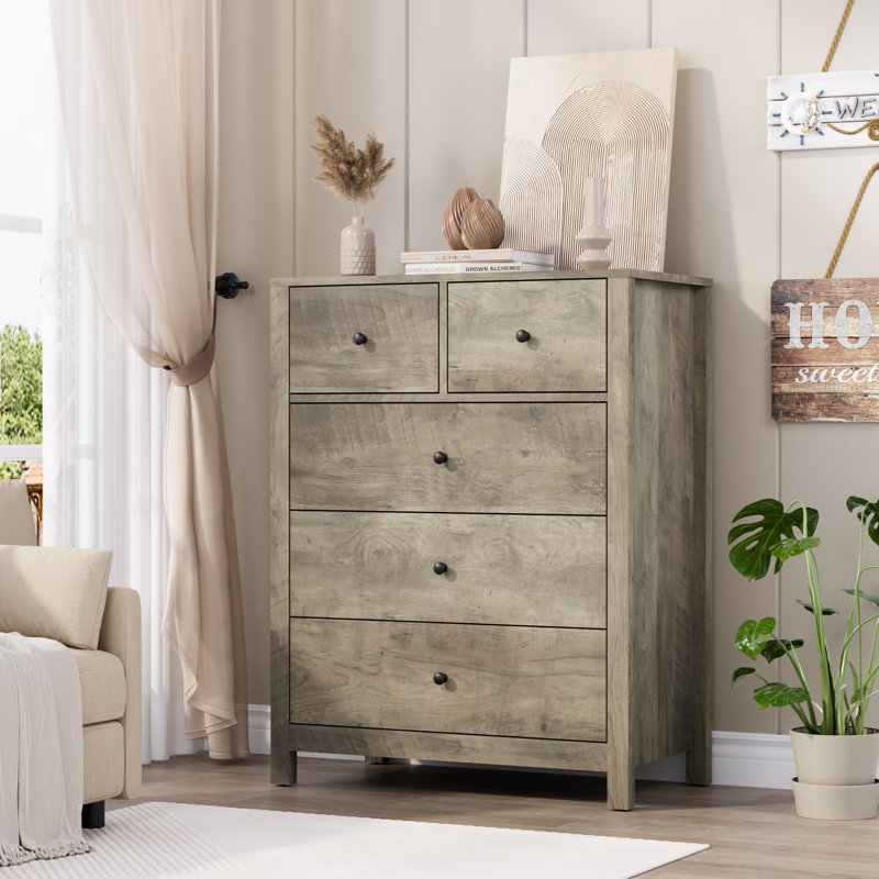 Tall 5 Drawer Dresser with Deep Drawers and Metal Knobs, Modern Wooden Chests of Drawers, Gray