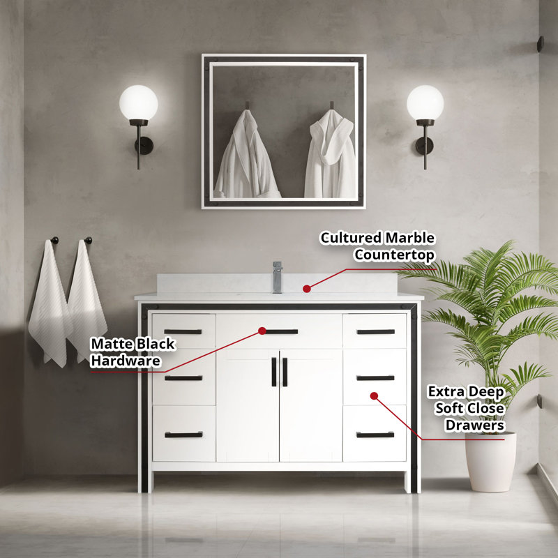 Ziva 48" White Cultured Marble Top Vanity with Mirror