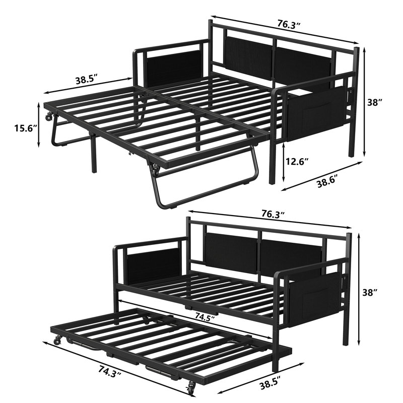 Merrylee Daybed with Pop Up Trundle,Metal Twin Daybed with Charging Station and LED Lights,Guest Bed with Storage for Adults