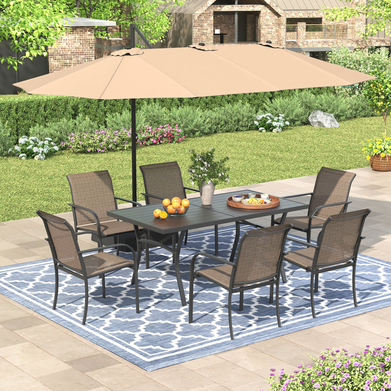 Outdoor Rectangular 6-Person Dining Set With Umbrella & Stackable Chairs, Noir / brun / beige