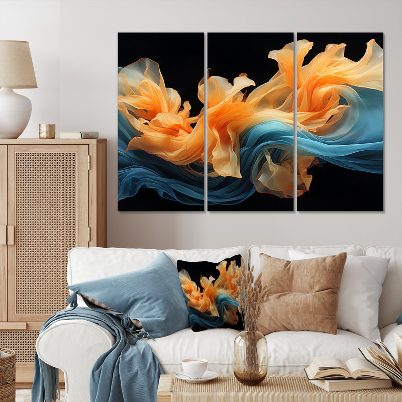 Abstrait, art mural à l'encre liquide orange turquoise et turquoise, H 40 po x l 60 po x P 1 po