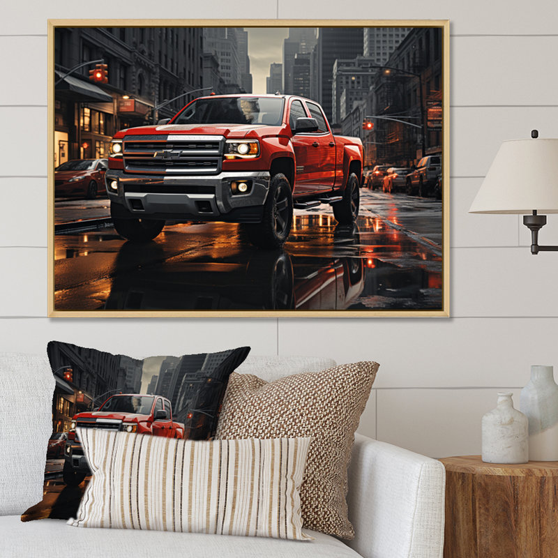 Red Pickup Truck Cityscape Hauler II - Transportation Canvas Art Print, H 12 po x l 20 po x P 1 po, Cadre naturel flottant