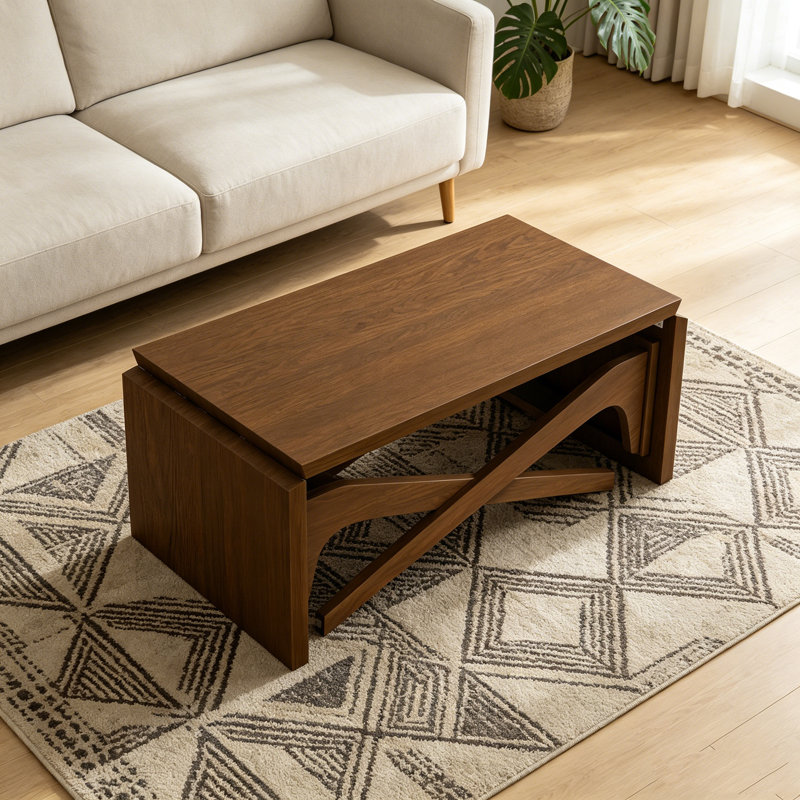Table basse transformatrice 2-en-1, table de salle à manger extensible à hauteur variable, table multifonctionnelle en bois naturel pour le salon