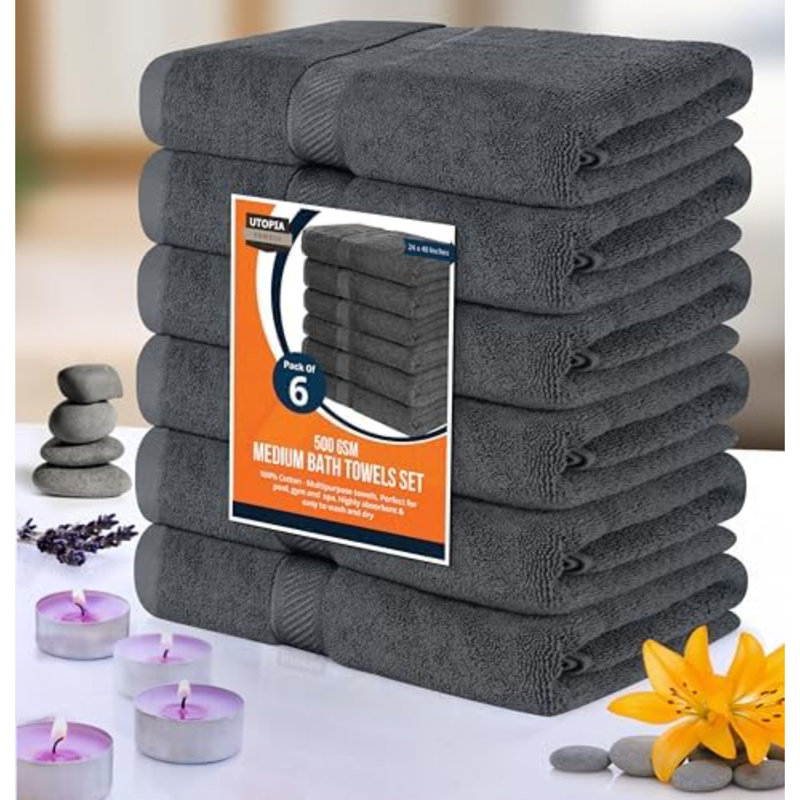 6 Pack Medium Bath Towel Set, 24 By 48 Inches, 500 GSM 100% Ring Spun Cotton, Lightweight And Highly Absorbent Quick Drying Premium Towels For Hotel, Spa And Bathroom, Grey