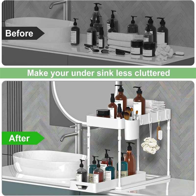 White Adjustable Height 2-Tier Under Sink Organizer with Slide-Out Drawers