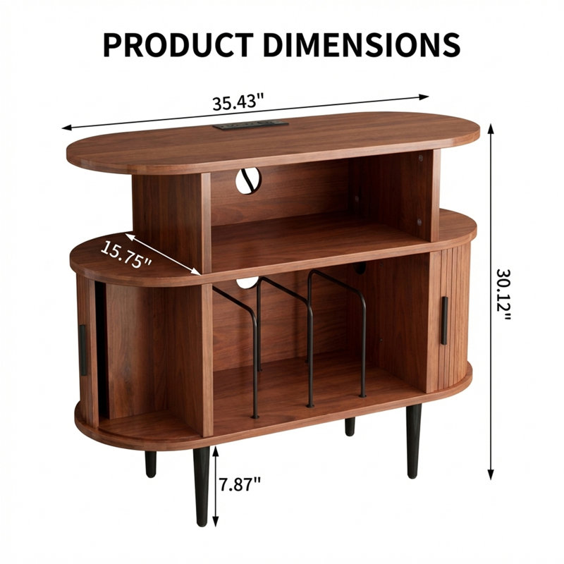 Support pour tourne-disque Mid-Century moderne avec station de charge et ports USB, grande armoire de rangement ronde en vinyle