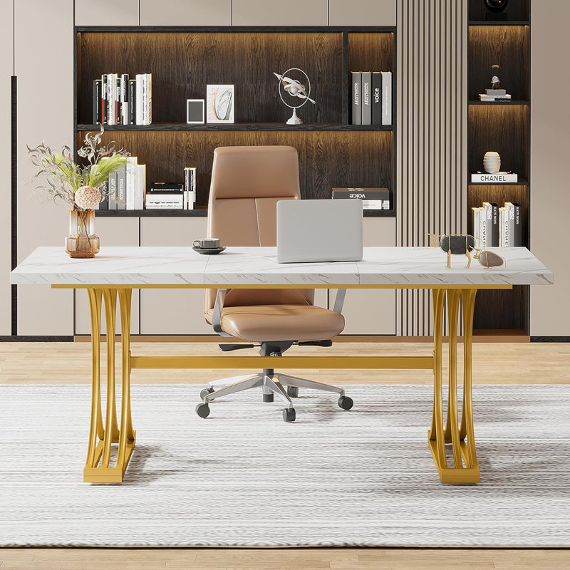 63 Inch Modern Executive Desk With Faux Marble Top And Stylish Gold X-Legs, Ideal For Home Office And Professional Workspaces