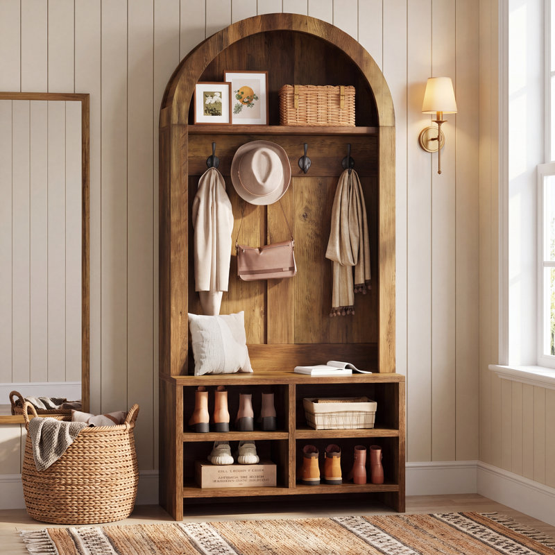 Portemanteau de 31,5 po de largeur avec banc et rangement pour chaussures, porte-manteau d'entrée 4 en 1 pour vestibule, vestibule, 4 crochets et casiers réglables