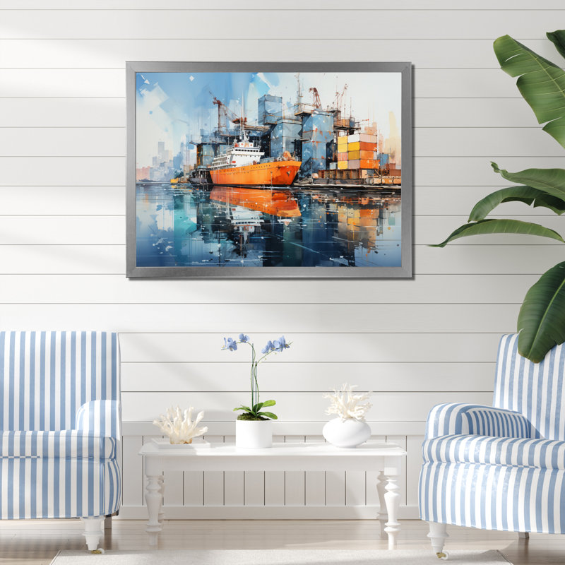 Port Industrial Reflections - Nautical & Beach Wall Art Prints, Cadre photo gris, H 34 po x l 44 po x P 1,5 po