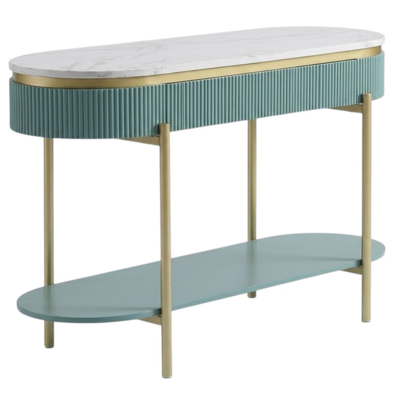 Dominic 47 po Console ovale en faux marbre sarcelle clair et or avec détail cannelé et tablette