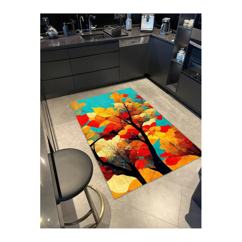 Blue And Orange Themed Floral Decorative Washable Carpet, Rectangle 3'4" x 5'