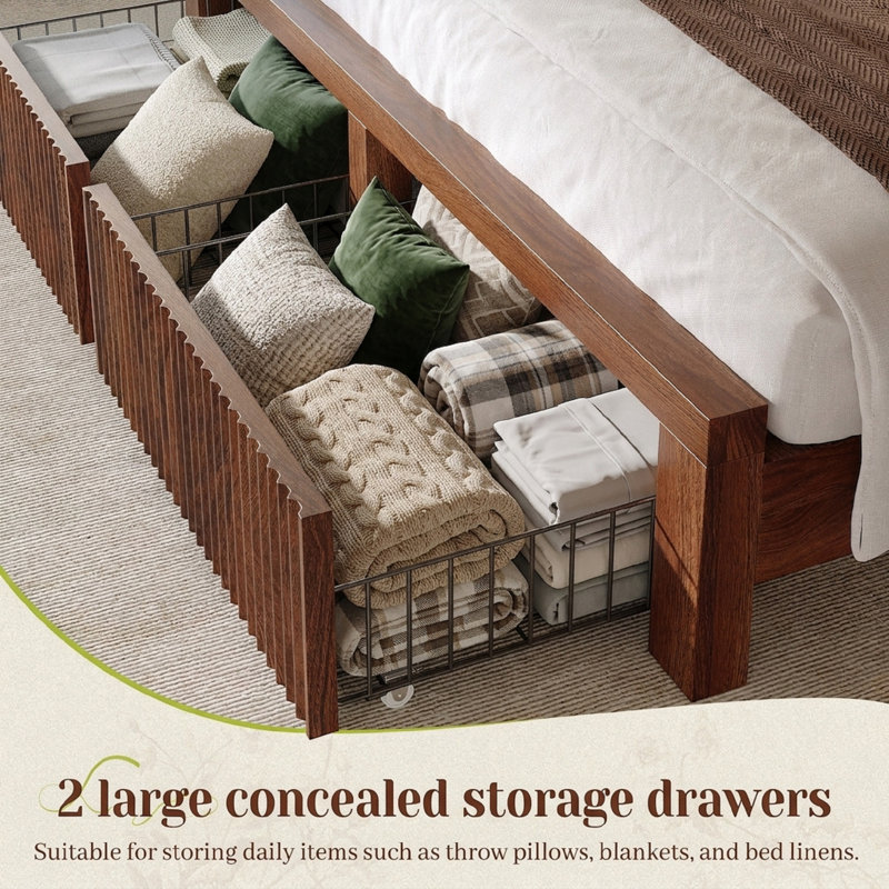  Fluted Panel Platform Bed with Storage, LED Lights & USB Charging - Wooden Beds & Frames,King/Dark Brown, King, Dark Brown