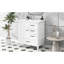 Meuble-lavabo de 76 cm (30 po) avec finition peinte en blanc, pieds en bois et portes à fermeture amortie. Meuble autoportant de 76 cm (30 po), lavabo en céramique, pieds réglables.