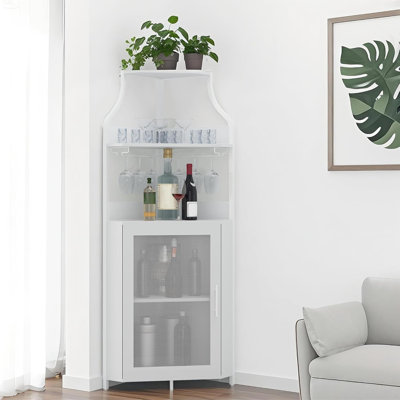 Rustic 5-Tier Bar Cabinet with Lockable Door, Glass Rack & Adjustable Shelves for Dining Room