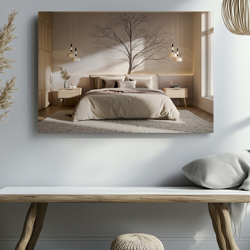 Toile une chambre à coucher contemporaine sereine avec un grand art mural orné d'un lit moelleux avec une literie aux tons neutres doux et un tableau d'art mural en toile