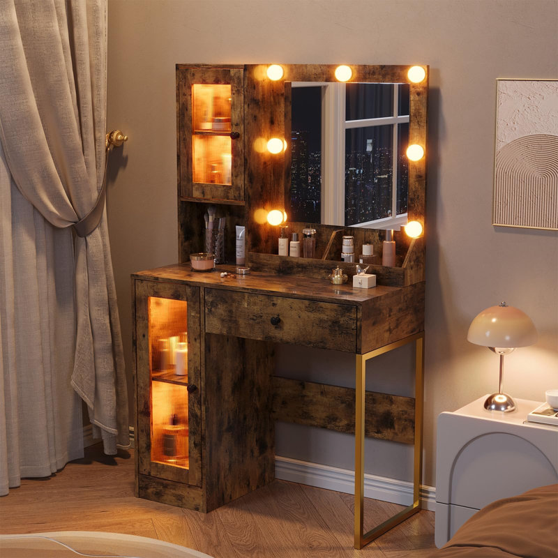 Vanity Desk with Mirror and Lights, Makeup Dressing Table w/Adjustable Bulbs, Outlets & USB Ports, Sturdy MDF Top & Metal Leg, Smart Storage Drawers & Cabinets for Bedroom