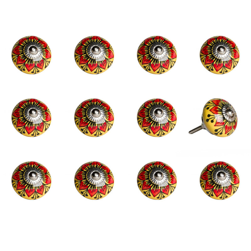 Set of Twelve Yellow And Black Floral Ceramic Drawer Pull Knobs