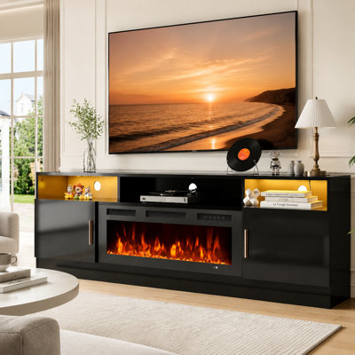 Meuble télé 70 po pour téléviseur de 80 po ou moins avec foyer électrique, prises de courant, lumières DEL et tablettes réglables