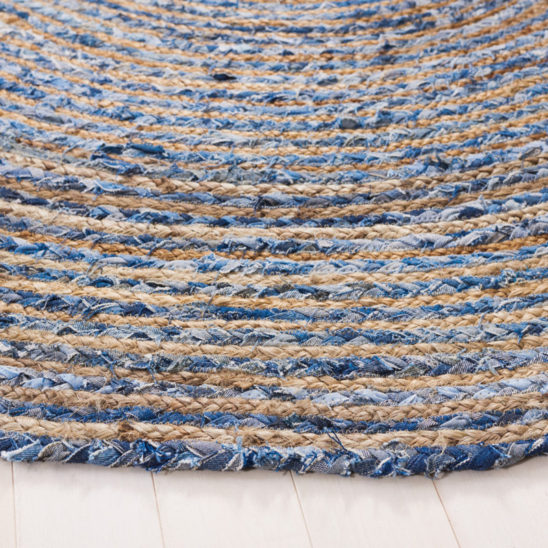 Tapis bleu / naturel tissé à plat à la main Demar, Rond 3 pi