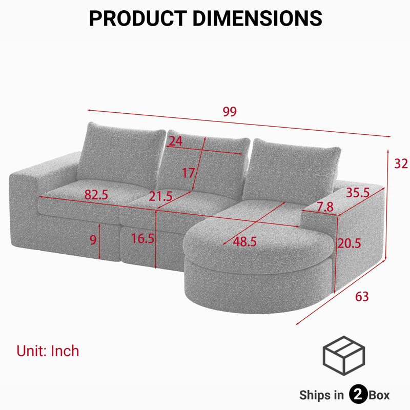 Canapé modulaire en L avec coussins réversibles et coussins de cou en L, aucun assemblage requis avec méridienne