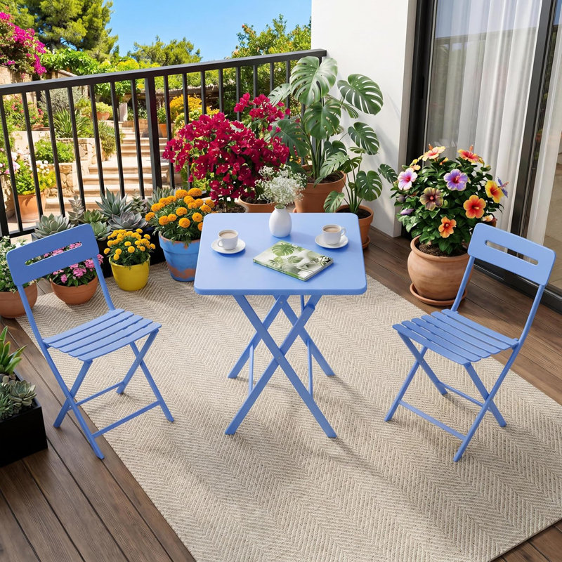 3-Piece Folding Outdoor Bistro Set, Weather Resistant Steel Frame Patio Furniture with 2 Chairs & 1 Table, No Assembly Required