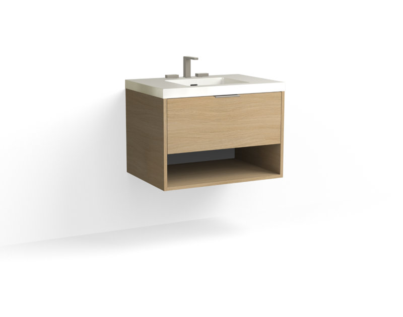 Modo 30" W Wall Mounted Single Bathroom Vanity, Glossy White/8" Widespread, Biondo, Polished Nickel
