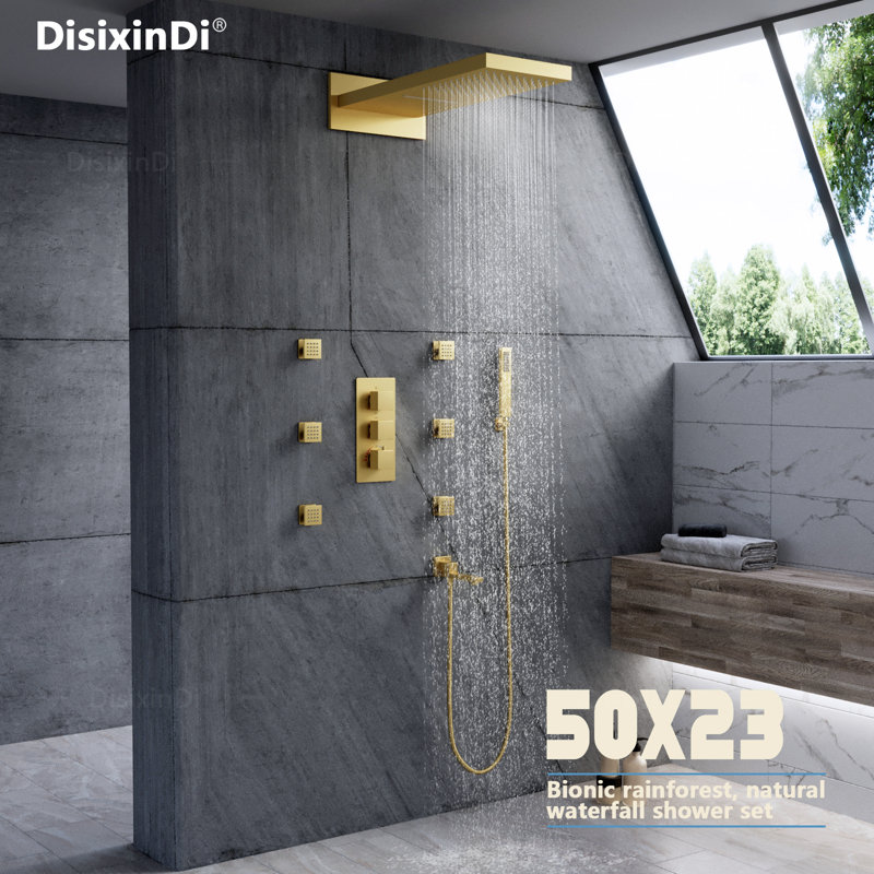 Wall Mounted Waterfall & Rain Shower Head Brushed Gold Shower Faucet Set, Rough-In Thermostatic Valve Included