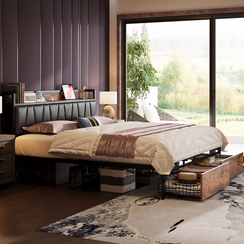 Upholstered Industrial Platform Bed With Charging Headboard & Storage Drawers, King