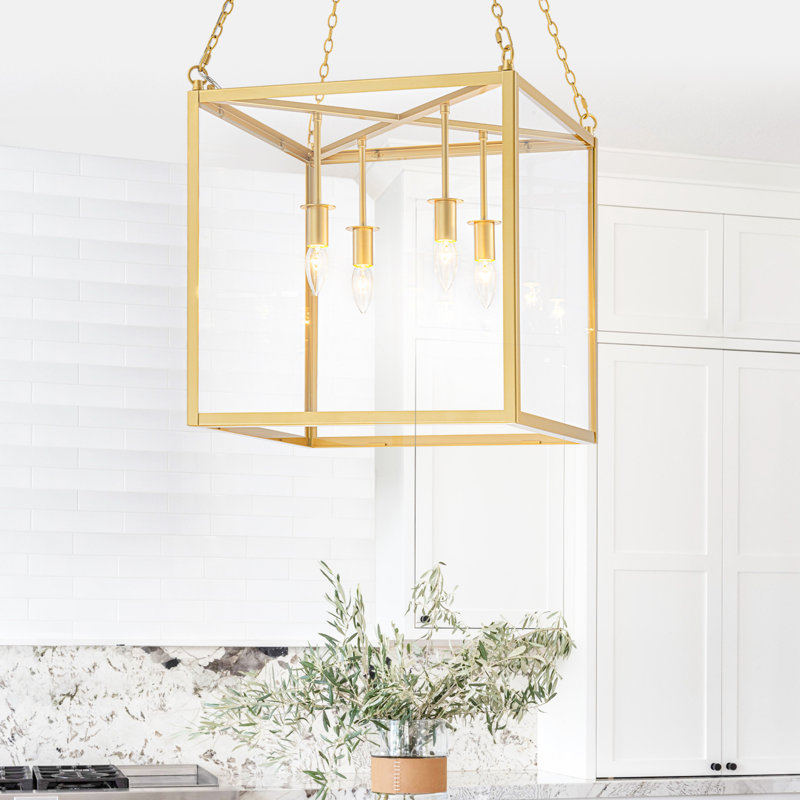 Plafonnier semi-encastré carré moderne Modern Gold, lanterne 4 lumières avec panneaux en verre transparent, hauteur réglable, base E12, homologué ETL