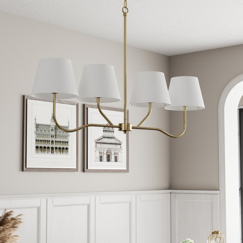 4-Light 37"W Brass Burlap Liner Shaded Pendant For Dinning Room