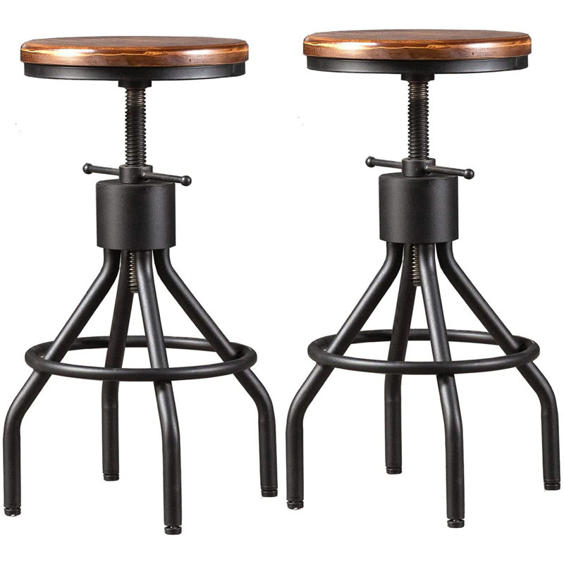 Tabouret de bar pivotant en bois massif à hauteur réglable, Siège brun / cadre noir, 2