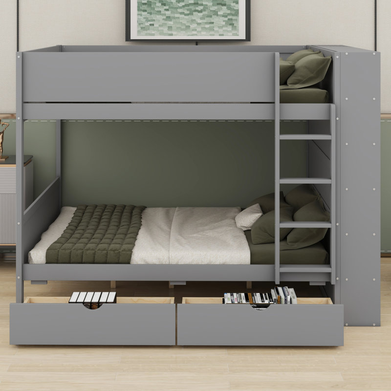 2-Drawer Bunk Bed, Featuring Practical Multi-layer Shelves, Gray