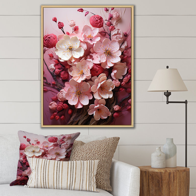 «Pink Orchard Tree Ballet Of Cherry Blossoms II», art mural cerisier, Cadre flottant brun, H 40 po x l 30 po x P 1,5 po
