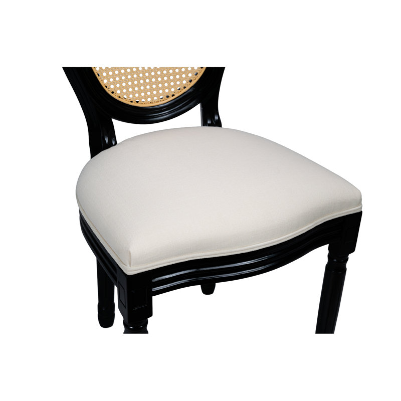 Ensemble de 2 chaises de salle à manger French Country, chaises rembourrées à dossier rond en rotin, pour le salon, la cuisine, le restaurant, structure en bois massif noir, tissu beige