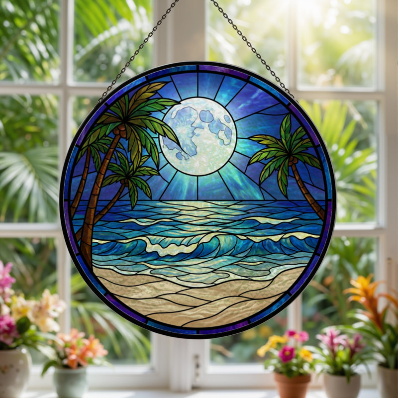 Panneau de vitrail de plage 7,8 "H Moonlight, H 7,8 po x l 7,8 po